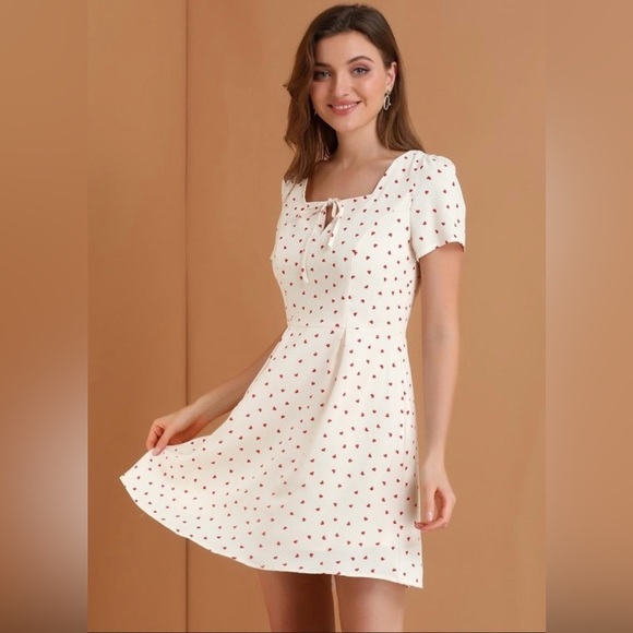 NWT Allegra K Dainty Heart Pattern Square Neck Short Sleeve Fit & Flare Dress - Picture 2 of 10
